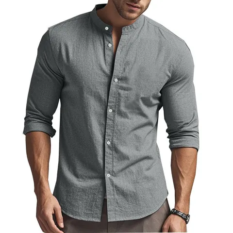 Men Casual Shirt Linen Blend Stand Collar Henley Long Sleeve Button Down Solid Color Breathable Lightweight Slim Fit Top