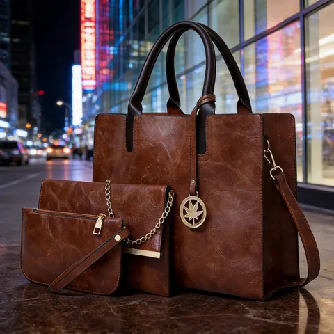 Women Tote Handbag And Chain Crossbody Bag And Wristlet Pouch PU Leather Litchi Texture Gold Maple Leaf Pendant Vintage