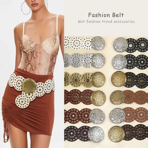 Women Vintage Bohemian Wide Belt With Large Round Metal Buckle PU Leather Hollow Out Embossed Decorative Waist Cincher