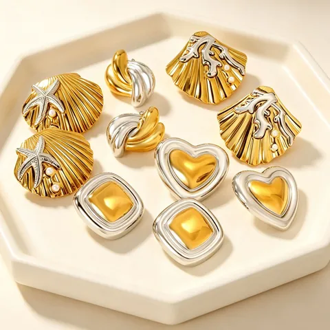 Orecchini A Lobo In Acciaio Inossidabile Bicolore Cuore Conchiglia Stella Marina Geometrici Design Unico Per Donne