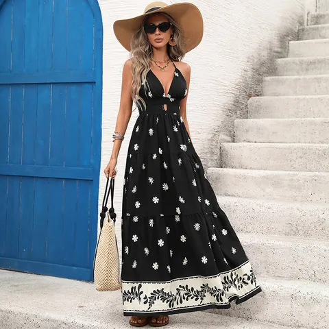 Damen Sommer Halter Rückenfrei Blumen Maxi Kleid Retro Böhmisch Ärmellos Viskosemischung Urlaub Langes Sonnenkleid
