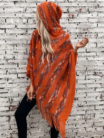 Poncho in Maglia a Righe Con Cappuccio da Donna Con Nappe Mantella Pullover Ampia Bohemienne Maglione per Autunno Inverno