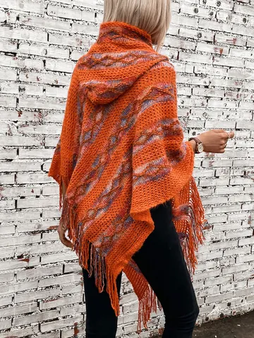 Poncho in Maglia a Righe Con Cappuccio da Donna Con Nappe Mantella Pullover Ampia Bohemienne Maglione per Autunno Inverno