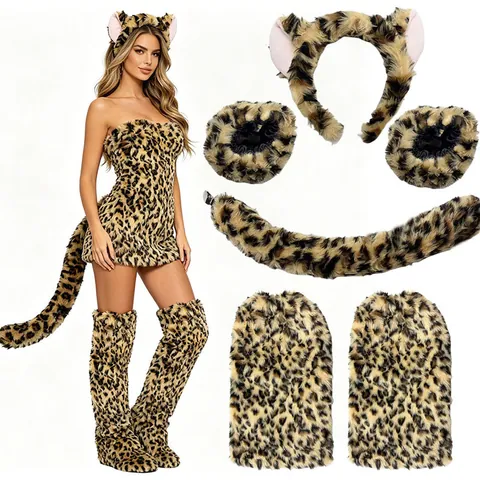 Accesorio De Disfraz De Animal Orejas De Piel Sintética Diadema Cola Pajarita Guantes Falda Tutú Para Cosplay Fiesta Halloween Mono