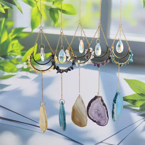 Natural Agate Slice Crystal Suncatcher Hanging Ornament Moon Frame Healing Stone Bohemian Window Wall Home Decor