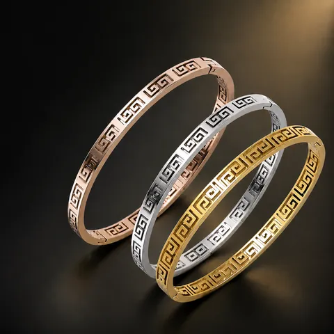 Vintage Edelstahl Griechisches Schlüsselmuster Armreif Für Damen Retro Palaststil Galvanisierter Schmuck Zubehör