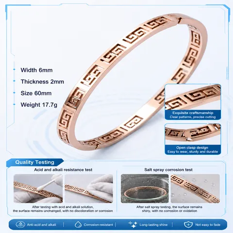 Vintage Palace Style Meander Pattern Titanium Steel Bangle For Women Retro Greek Key Design Stainless Steel Jewelry Bangle Rose Gold Silver Gold