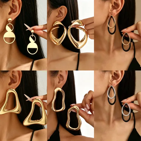 Retro Large Geometric Hollow Round Semicircle Drop Earrings For Women Fashion Alloy Statement Earrings With Stainless Steel Post Jewelry