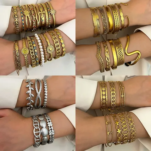 Vintage Stainless Steel Bangle For Women Bohemian Rhinestone Artificial Pearl Stackable Cuff Bracelet Gold Silver Jewelry