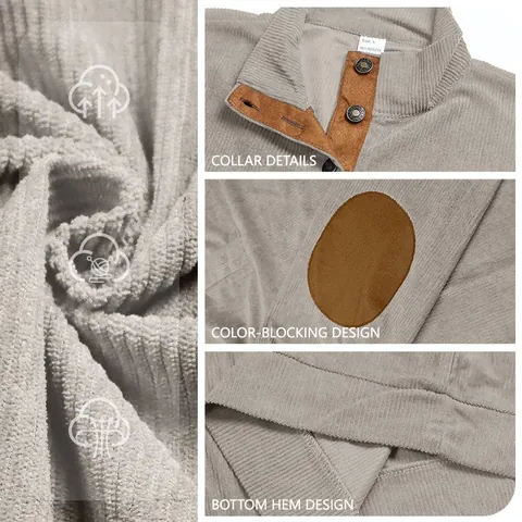 Men Long Sleeve Corduroy Sweatshirt With Button Henley Collar And Contrast Elbow Patches Retro Casual Pullover Top