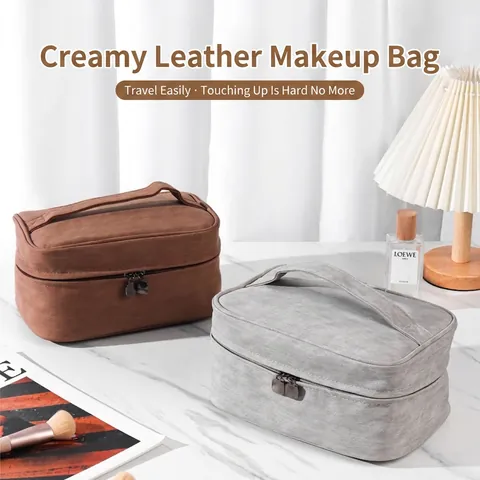 Bolsa De Maquillaje De Gran Capacidad Cuero PU Neceser De Viaje Portátil Con Asa Doble Cremallera Para Mujeres