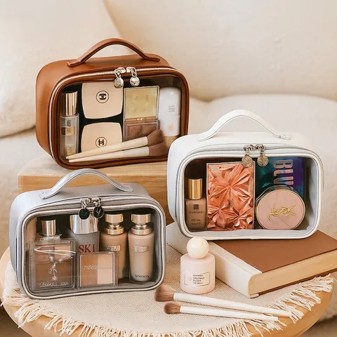 Transparent Makeup Bag Waterproof PU PVC Toiletry Storage Pouch Travel Large Capacity Cosmetic Case With Handle