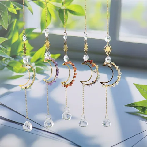 Suncatcher Crystal Sun And Moon Hanging Ornament With Natural Crushed Stones Metal Chain Bohemian Home Window Decor