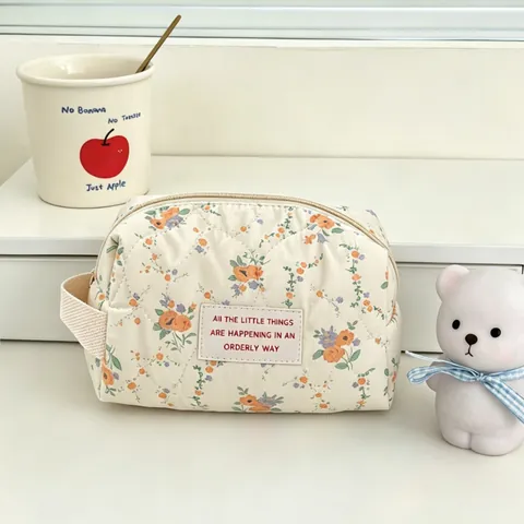 Gesteppte Baumwolle Blumen Make-Up Tasche Große Kapazität Reise Tragbare Kosmetiktasche Handtasche Organisator Für Frauen