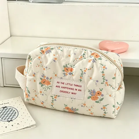 Gesteppte Baumwolle Blumen Make-Up Tasche Große Kapazität Reise Tragbare Kosmetiktasche Handtasche Organisator Für Frauen