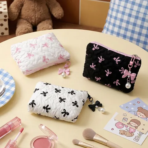 Neceser Acolchado Con Estampado De Lazo Y Colgante De Perlas Artificiales Organizador Cosmético Dulce Gran Capacidad Bolsa De Viaje Para Mujer