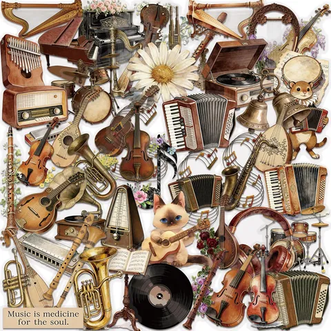 Vintage Muziekinstrument PET Stickers 50 Stuks Retro Kunst Dagboek Laptop Telefoon Waterdichte Decoratieve Decals