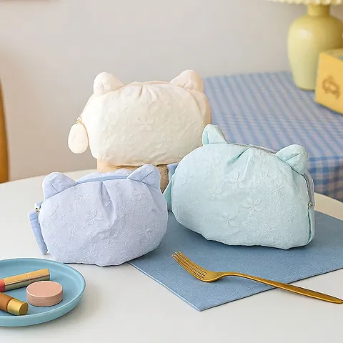 Cute Cat Ear Makeup Bag Floral Jacquard Embroidery Lace Portable Cosmetic Pouch Travel Toiletries Storage Organizer Case Kawaii
