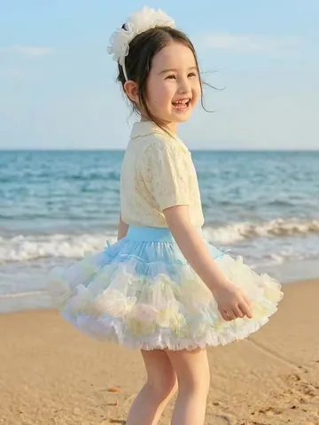Girls Princess Tutu Skirt Fluffy Mesh Layered Cake Skirt Toddler Sweet Bow Decor Nylon Tulle Pettiskirt For Birthday Party Celebration