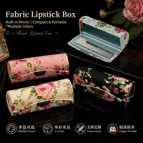 Porta Rossetto In Tessuto Floreale Vintage Portagioie Portatile Con Specchio Chiusura In Metallo Stile Cinese Cilindro