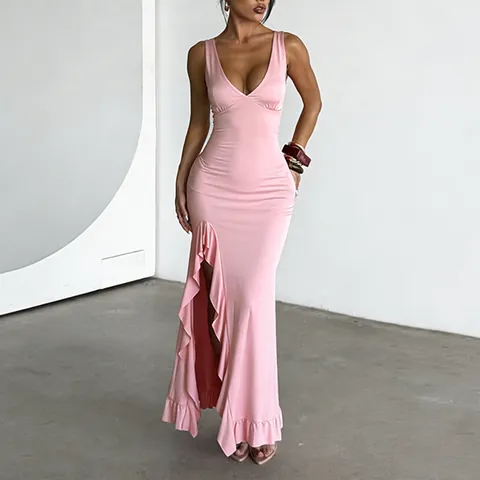 Sexy V-Ausschnitt Maxikleid Mit Rüschen Und Schlitz Ärmellos Spaghetti-Träger Hohe Taille Party Sommer Elegant
