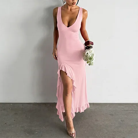 Sexy V-Ausschnitt Maxikleid Mit Rüschen Und Schlitz Ärmellos Spaghetti-Träger Hohe Taille Party Sommer Elegant