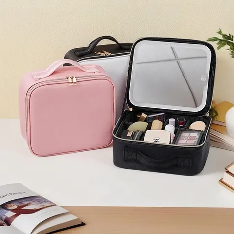 Makeup Train Case PU Leather LED Mirror Waterproof Portable Cosmetic Organizer Adjustable Dividers Travel For Women