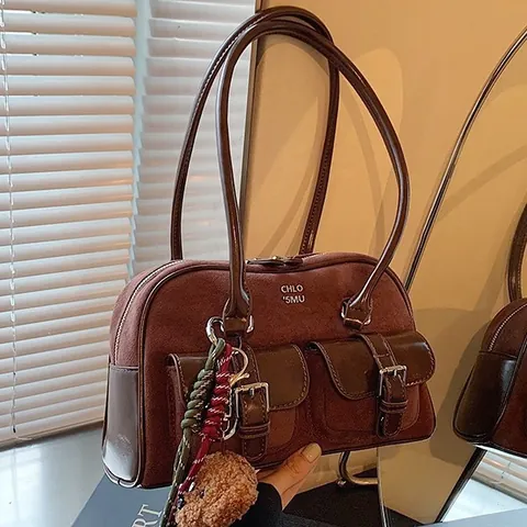 Borsa a Spalla da Donna in Pelle PU Vintage di Grande Capacità Borsa da Bowling Sottobraccio Con Doppie Tasche Retrò