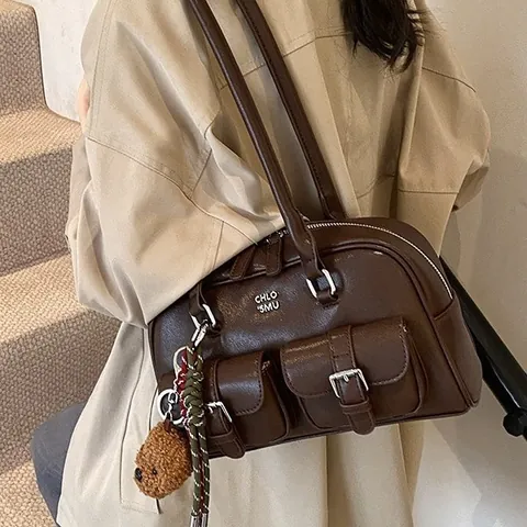 Borsa a Spalla da Donna in Pelle PU Vintage di Grande Capacità Borsa da Bowling Sottobraccio Con Doppie Tasche Retrò