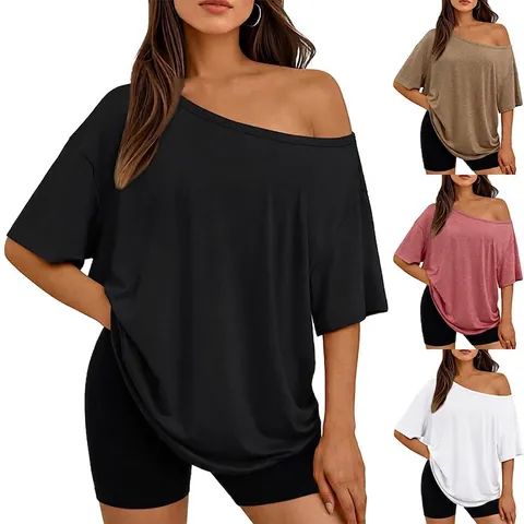 Dames Off Shoulder T-Shirt Eén Schouder Losse Ronde Hals Korte Mouwen Effen Kleur Katoen Casual Top