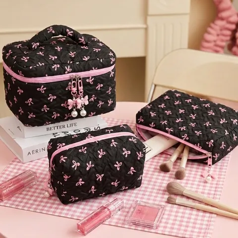 Gewatteerde Make-Up Tas Met Strik Voor Dames Meisjes Grote Capaciteit Cosmetische Tas Kunstparel Rits Handvat Geplooid Elegant