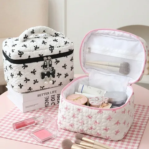Bolsa De Maquillaje Acolchada Con Lazo Para Mujeres Niñas Gran Capacidad Neceser Cosmético Cremallera De Perla Artificial Elegante