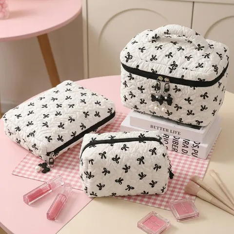 Bolsa De Maquillaje Acolchada Con Lazo Para Mujeres Niñas Gran Capacidad Neceser Cosmético Cremallera De Perla Artificial Elegante