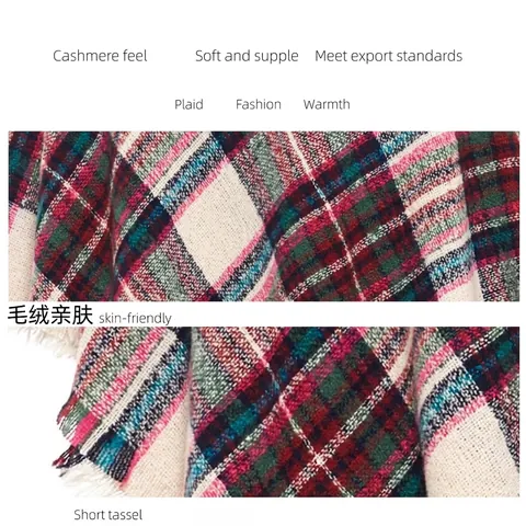 Women Classic Plaid Triangle Scarf With Tassel Fringe Soft Warm Woven Winter Shawl Wrap Large Checkered Fashion Cape