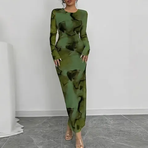 Robe Maxi À Manches Longues Imprimé Abstrait Pour Femmes Col Rond Coupe Ajustée Polyester Élasthanne Élégante