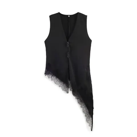 Mouwloze Top Met V Hals Voor Dames Bruin Polyester Asymmetrische Kantafwerking Vest Casual Elegant