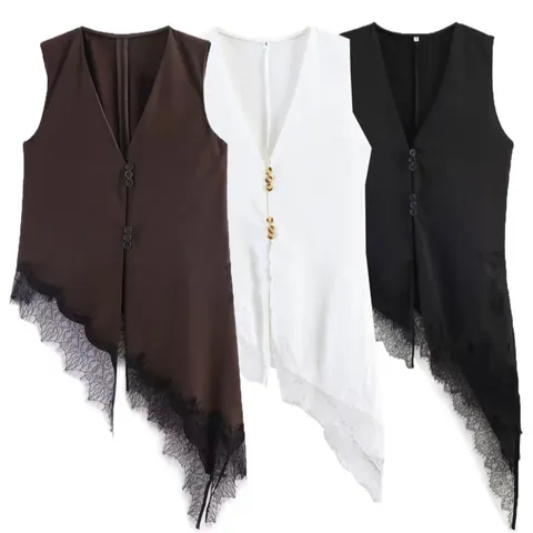 Mouwloze Top Met V Hals Voor Dames Bruin Polyester Asymmetrische Kantafwerking Vest Casual Elegant