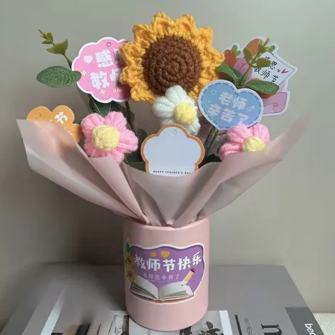Bouquet De Fleurs Au Crochet Fait Main Arrangement Floral Artificiel En Fil Tricoté Avec Lumière LED Sac Cadeau Pour Fête Des Mères Professeur Remise Des Diplômes
