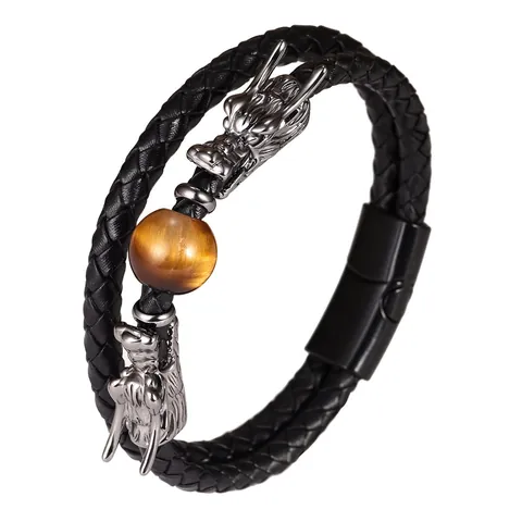 Vintage Dragon Head Braided Leather Bracelet For Men Double Layer PU Strap Tiger Eye Stone Bead Magnetic Clasp Punk Jewelry