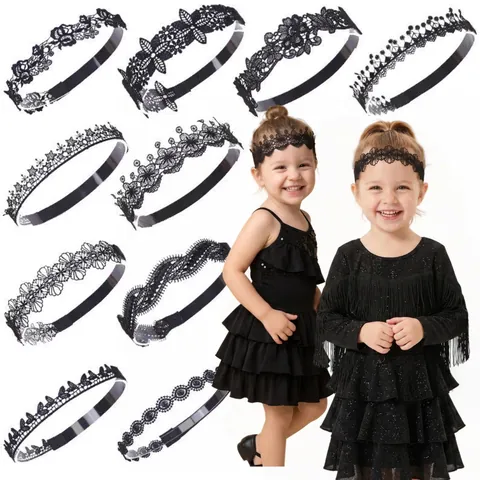 Fascia per Capelli in Pizzo Nero Traforato Ricamo Floreale Fatto a Mano Stile Etnico Accessori per Capelli Danza Latina Bambini Donna