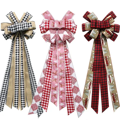 Large Christmas Tree Topper Bow Rustic Buffalo Plaid Burlap Ribbon With Red Truck Reindeer Pattern For Holiday Home Decor