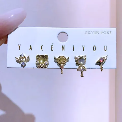 Pendientes de Botón Dulces Animal Dibujos Animados Luna Estrella para Mujeres Niñas Cobre Circonia Perla Artificial Poste Plata Ley 925