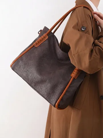 Borsa Tote da Donna Grande Capacità Morbida Pelle PU Contrasto Tracolla Urban Minimalista Pendolare Elegante Shopper Quotidiana