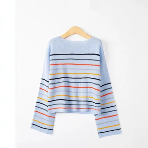 Suéter de Punto Rayado Vintage para Mujer Bloque de Color Cuello Redondo Manga Larga Pullover Casual Holgado Moda Otoño Invierno
