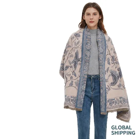 Elegant Women Polyester Paisley Bird Pattern Scarf Winter Warm Large Shawl With Tassels Double Sided Scarf Shawl Daily Travel