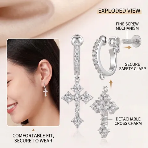Cross Dangle Stud Earrings In Copper With Zircon And Stainless Steel Earring Post Hip Hop Punk Style Jewelry For Men
