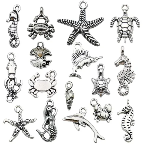 Alloy Ocean Animal Charms Seahorse Starfish Turtle Shell DIY Jewelry Making Accessories Antique Silver Pendants For Bracelet Necklace