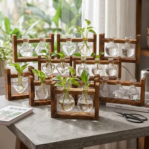 Retro Wood Stand Hydroponic Glass Vase Plant Propagation Station Heart Diamond Round Desktop Ornament Home Office Decor