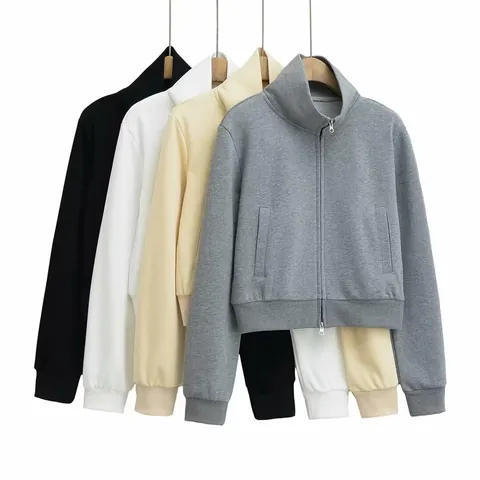 Sudadera Corta con Capucha para Mujer Retro Americano Cuello Alto Mezcla de Algodón Suelto Casual de Manga Larga