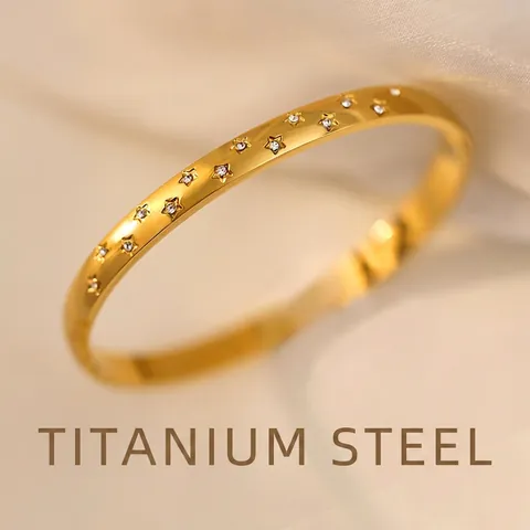 18K Gold Plated Titanium Steel Star Pattern Bangle Bracelet Sparkling Rhinestone Inlaid Trendy Fashion Jewelry For Women